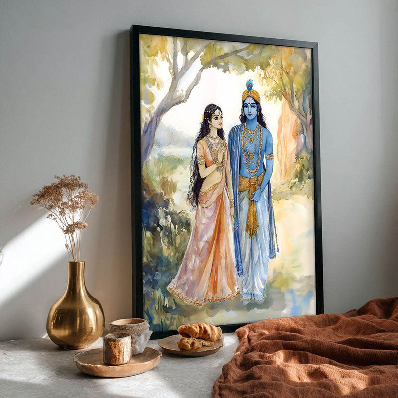 Radha Krishna Spiritual Archival Paper Wall Painting With Frame - Black media 4
