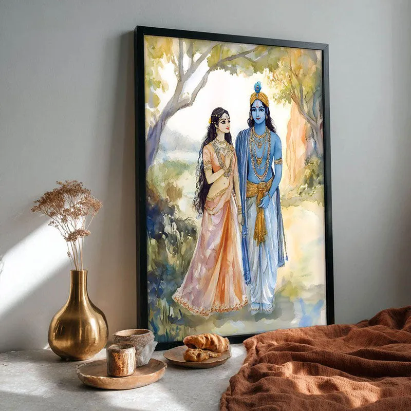 Radha Krishna Spiritual Archival Paper Wall Painting With Frame - Black media 4