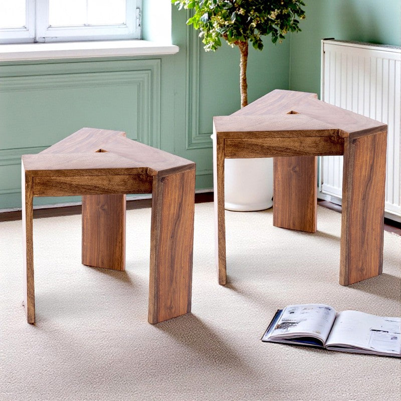 Jverox Sheesham Wooden Side & Bedside Table (Brown) - Set Of Two