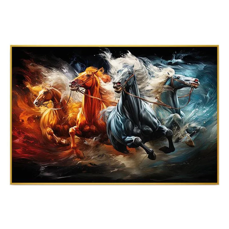 Elemental Stallions Canvas Wall Painting With Frame - Gold media 3
