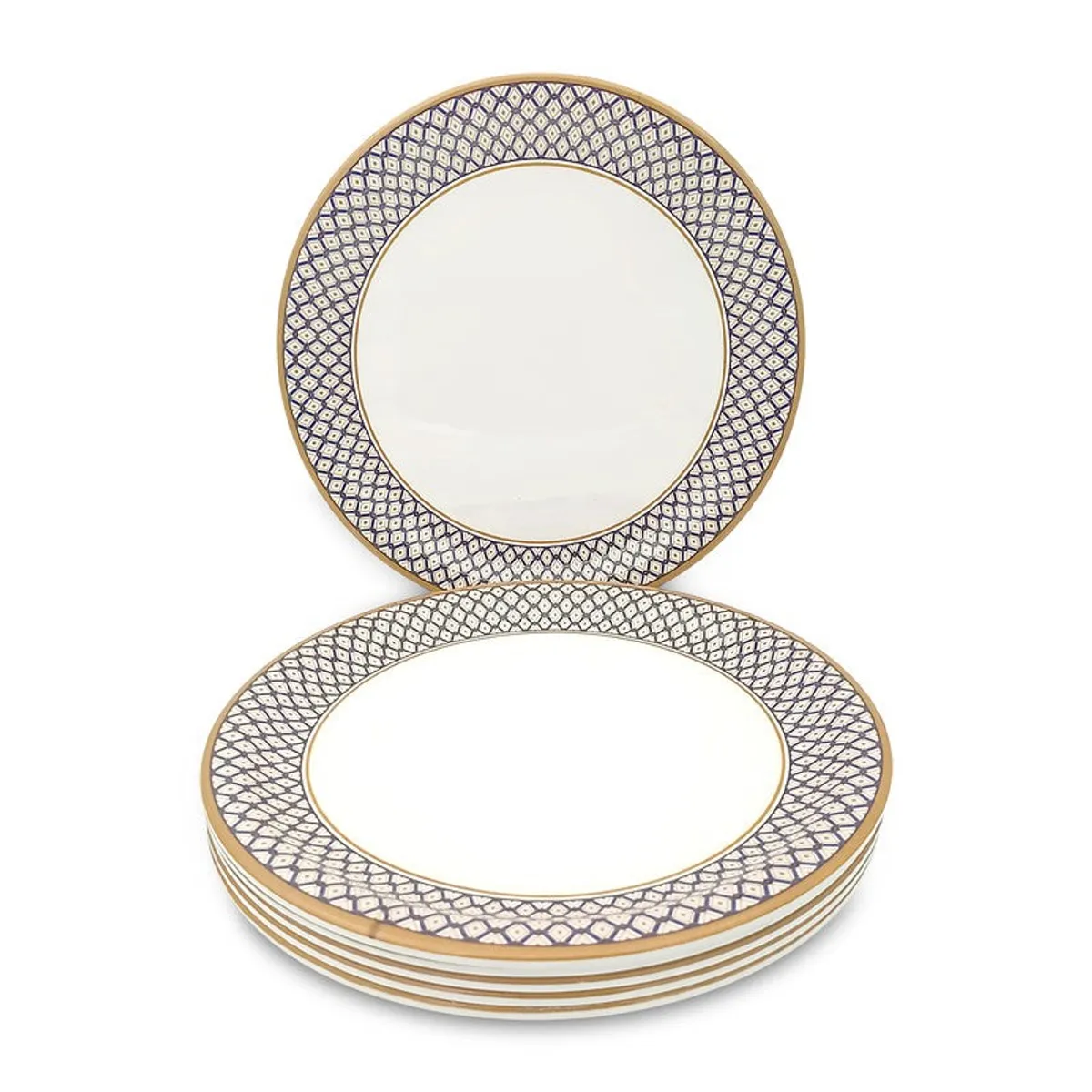 Two white dinner plates with blue geometric borders, one upright and one stacked