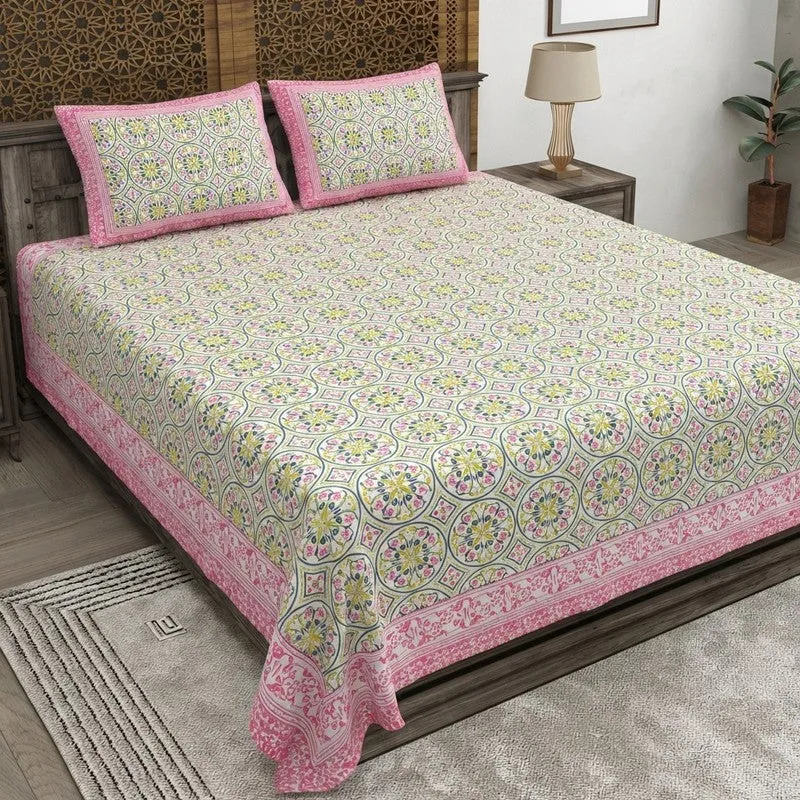 Nesten Cotton Bedsheet (Pink,Green) - 240 TC media 1