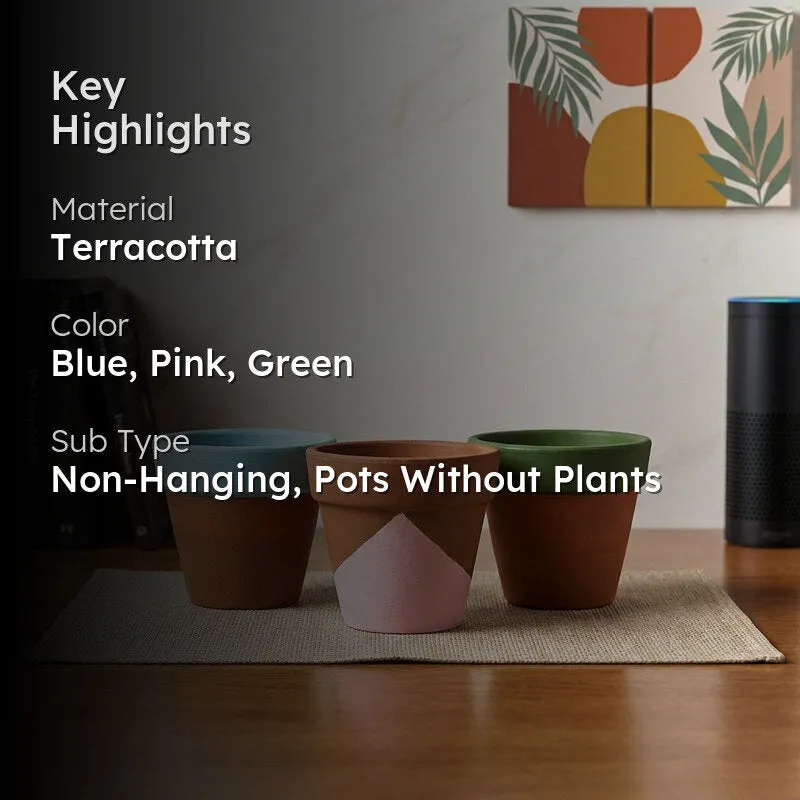 Terracotta planter set with blue, pink and green accents on a tabletop