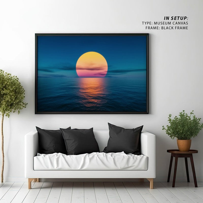 Sunset By The Ocean Canvas Wall Painting - Black Frame