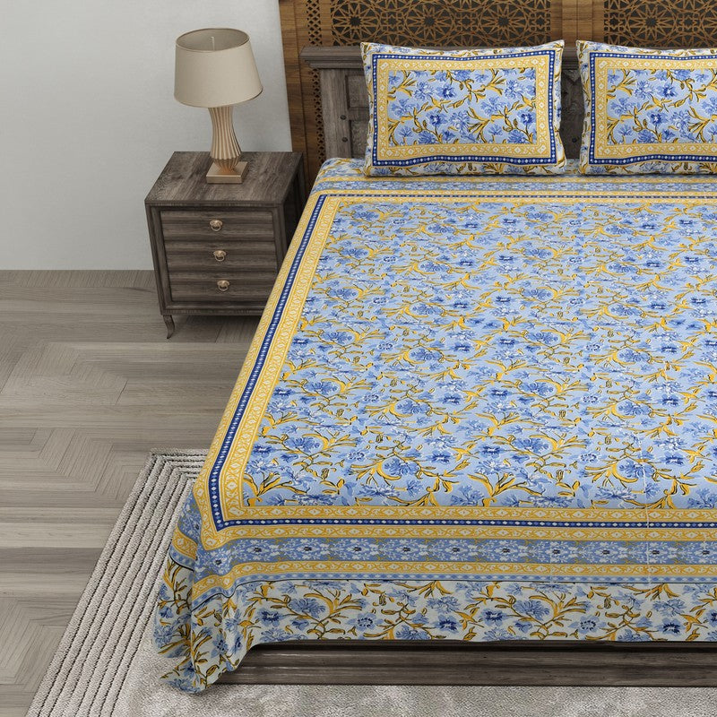 Bloomio Cotton Bedsheet (Blue,Yellow) - 240 TC media 3