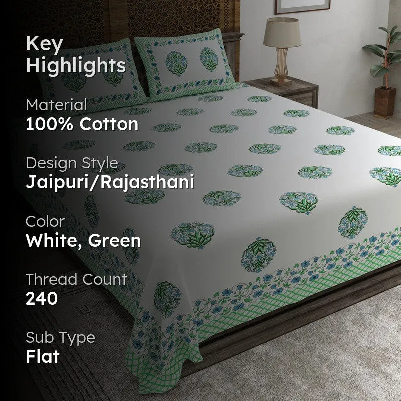 Rangen Cotton Bedsheet (White,Green) - 240 TC media 2