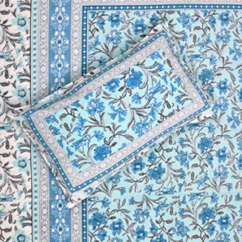 Folk Floral Fiesta Cotton Bedsheet (Blue) - 180 TC media 3
