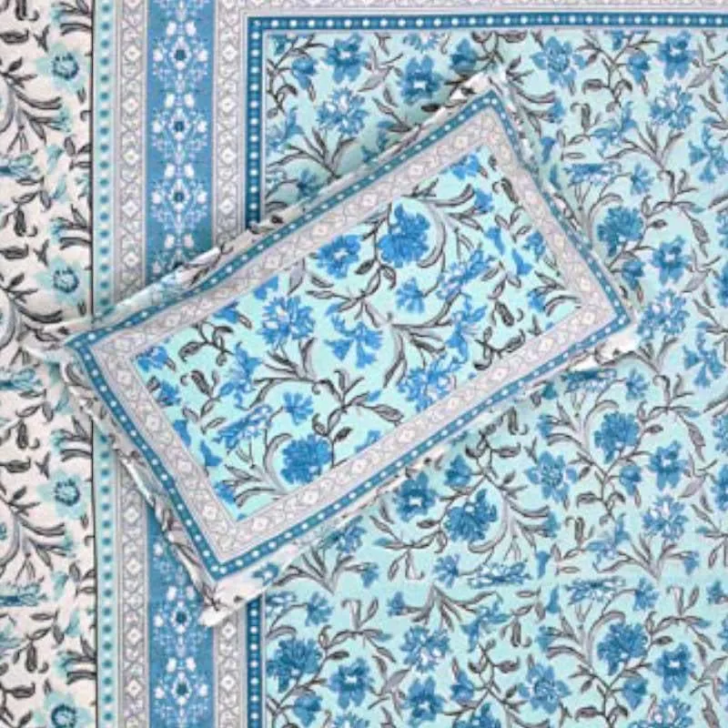 Folk Floral Fiesta Cotton Bedsheet (Blue) - 180 TC media 3