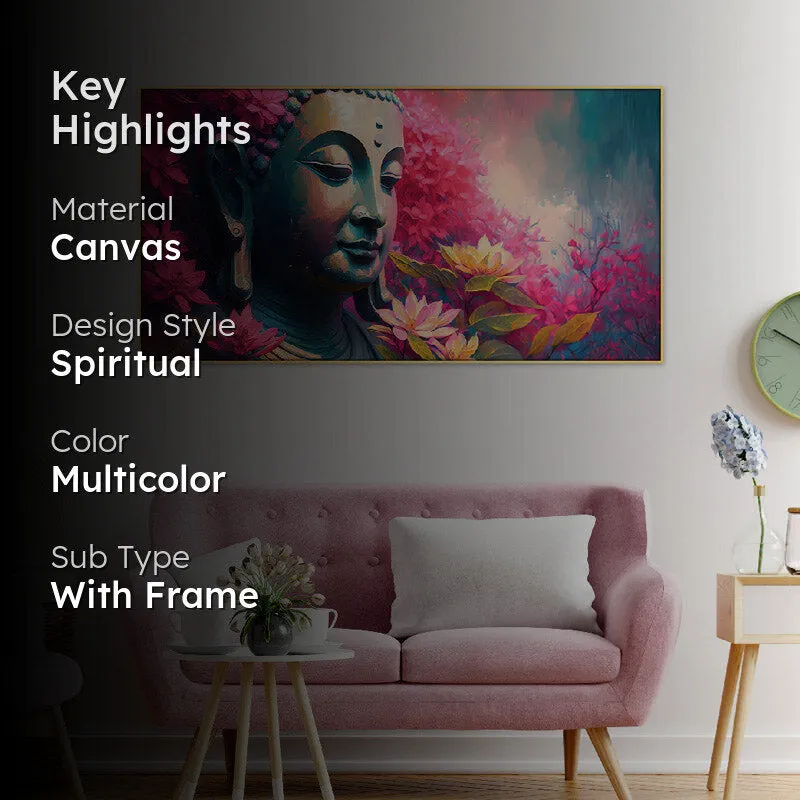 Framed Buddha floral wall painting styled above a blush sofa in a living room