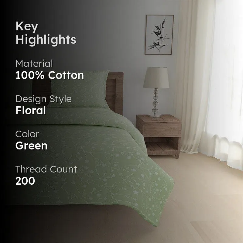 Green floral bedding set with key highlights text overlay