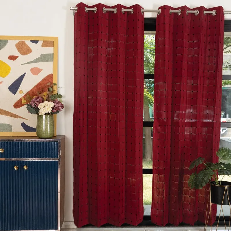 Pixel Checks Cotton Curtain - Maroon media 2
