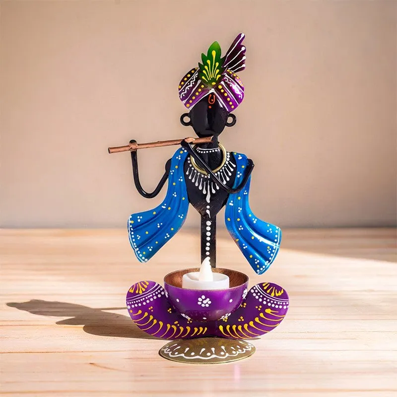 Krishan Iron Figurine with Diya - Blue media 6