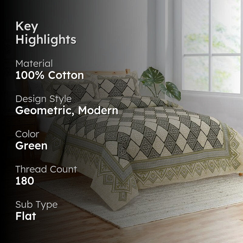 Shadh Geomatric Cotton Bedsheet (Green) - 180 TC media 2