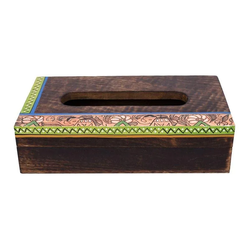 Front view of a brown rectangular wooden tissue box with a colourful border