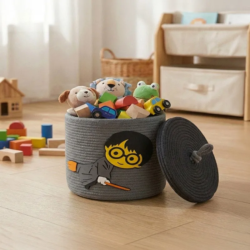 Grey cylindrical storage basket with lid and wizard character applique, filled with toys