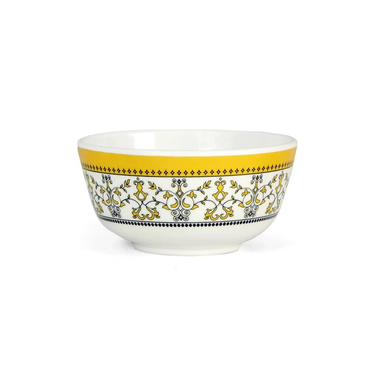 Single yellow and white patterned snack bowl on a white background.