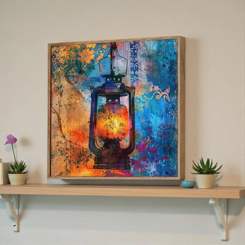 Framed lantern wall art placed on a shelf beside small potted plants