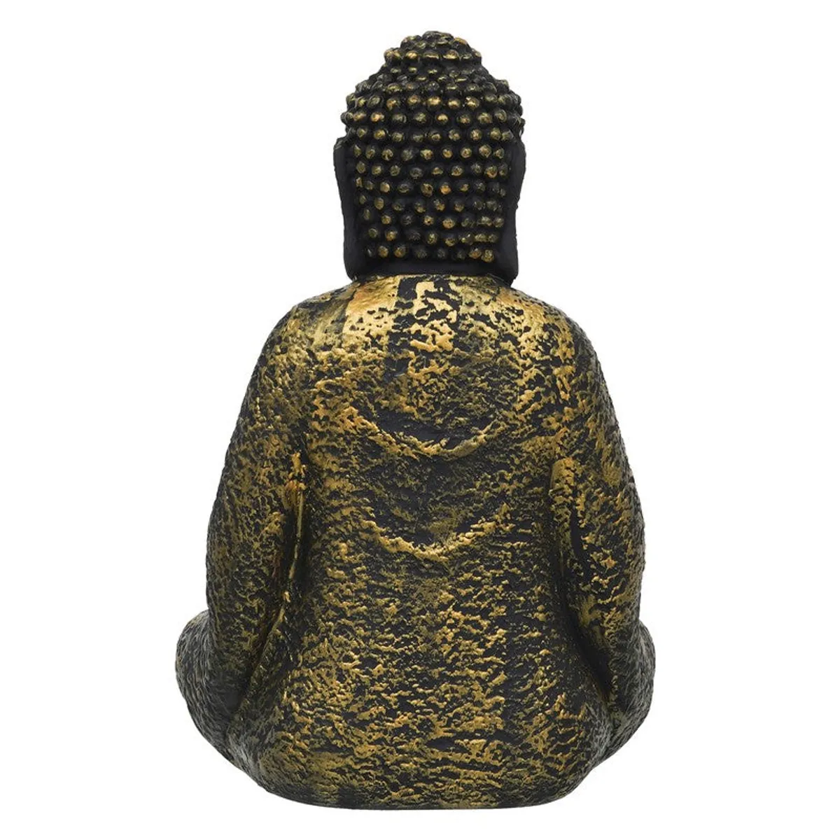 Rear view of a black and gold Buddha tea light candle holder