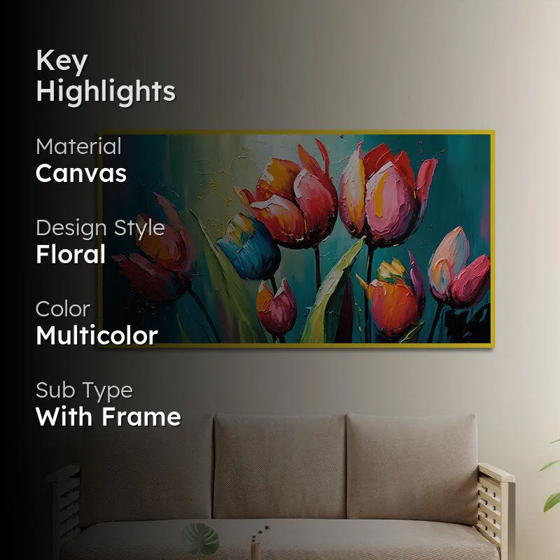 Tulip Brushstrokes Floral Canvas Wall Painting With Frame - Gold media 2