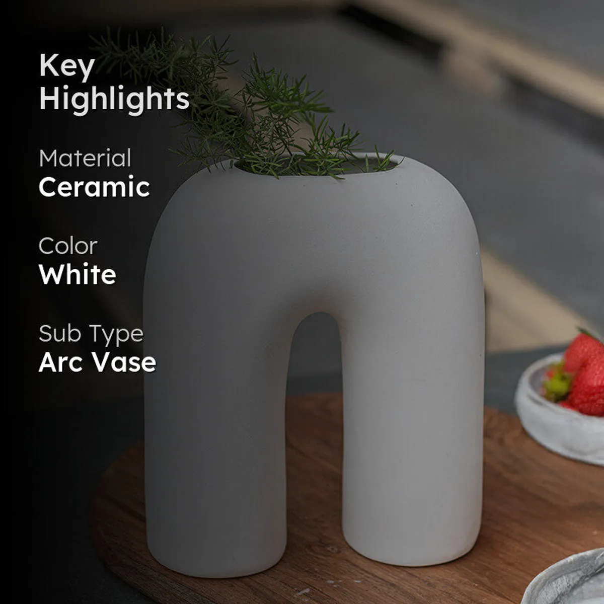 White arc vase shown with key highlights text overlay