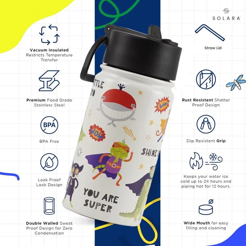 White illustrated kids bottle with black lid and feature icons around it