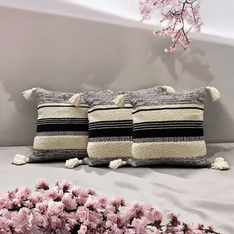 Striped Plush Tufted Cushion Cover ((Black & White)) - Set Of Three - 18 x 18 Inches