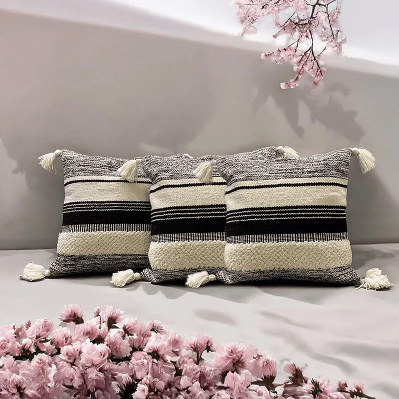 Striped Plush Tufted Cushion Cover ((Black & White)) - Set Of Three media 1