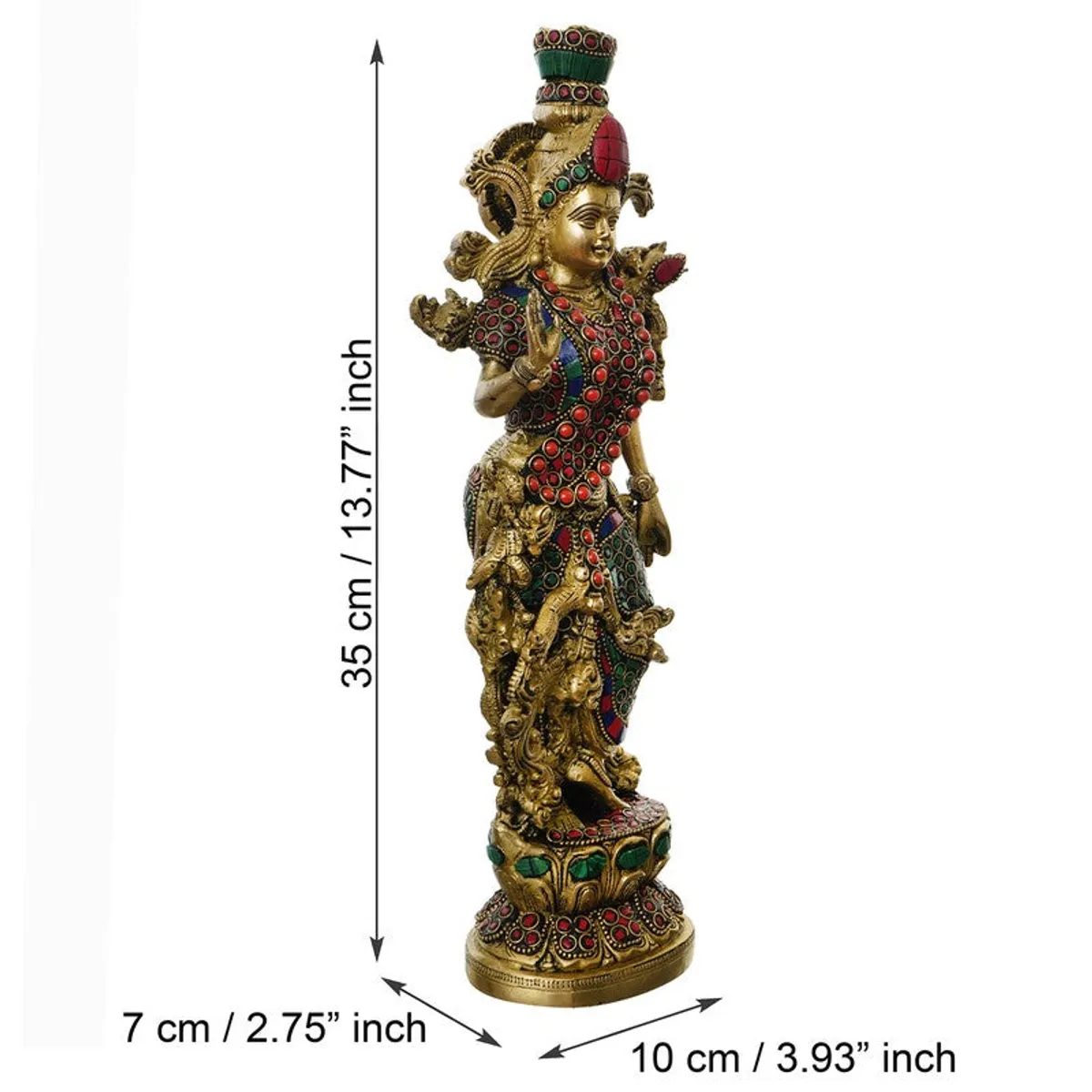 Brass deity idol shown with visible height and base measurements