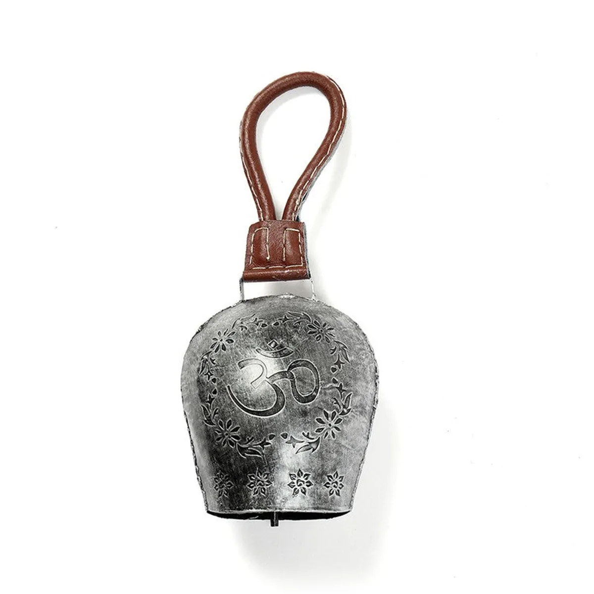 Silver bell with floral detailing and Om motif shown against a white background