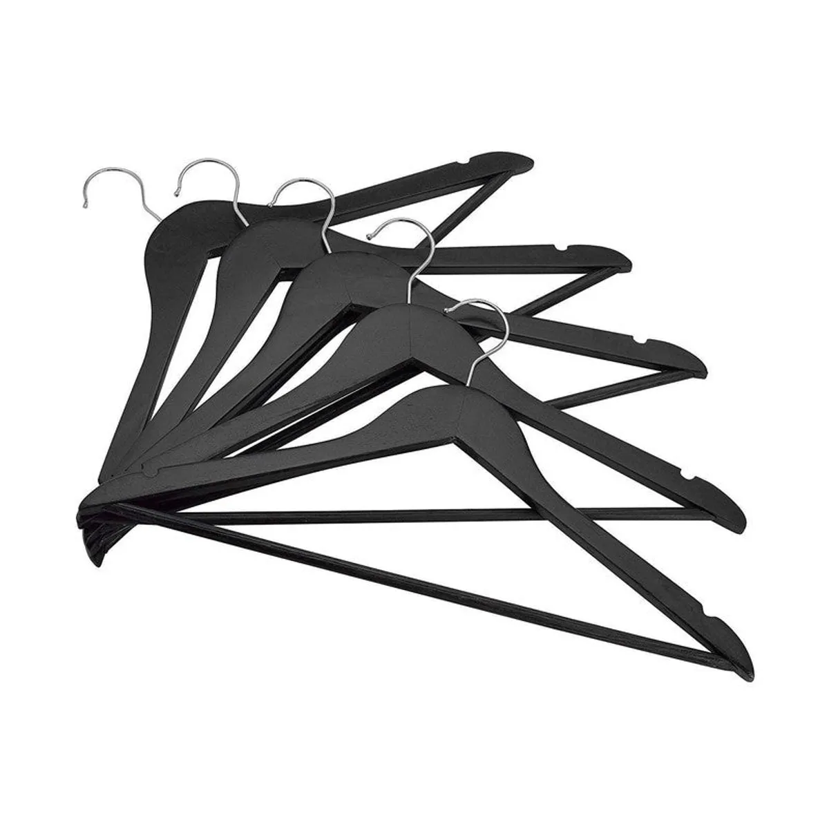 Four black wooden hangers arranged against a white background