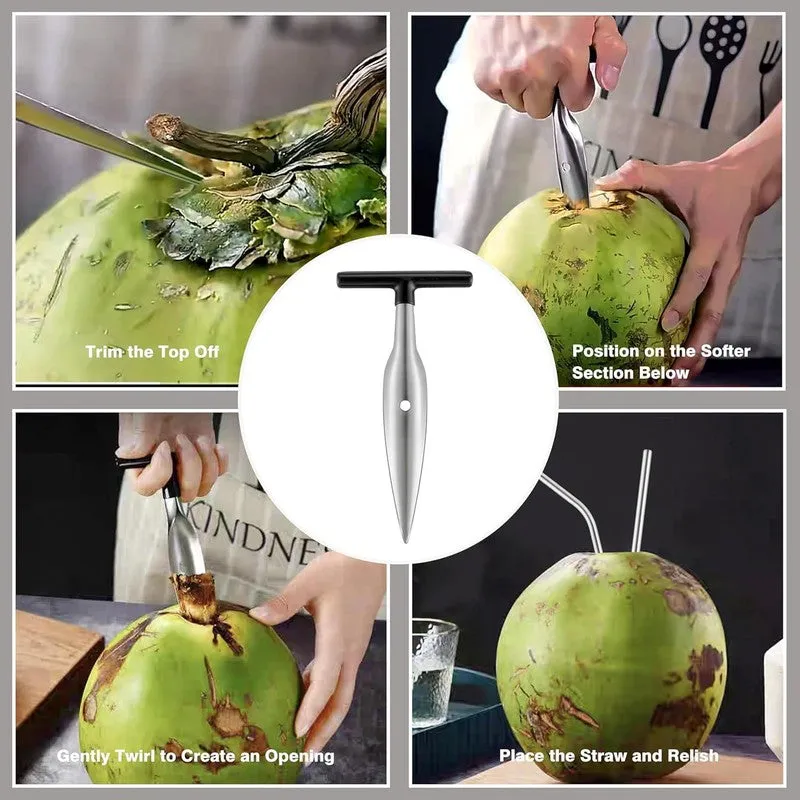 Collage showing the coconut opener used to trim, open and drink from a coconut