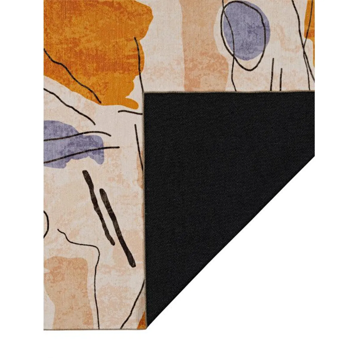 Close-up of flat carpet pile with beige, purple, orange and black abstract details