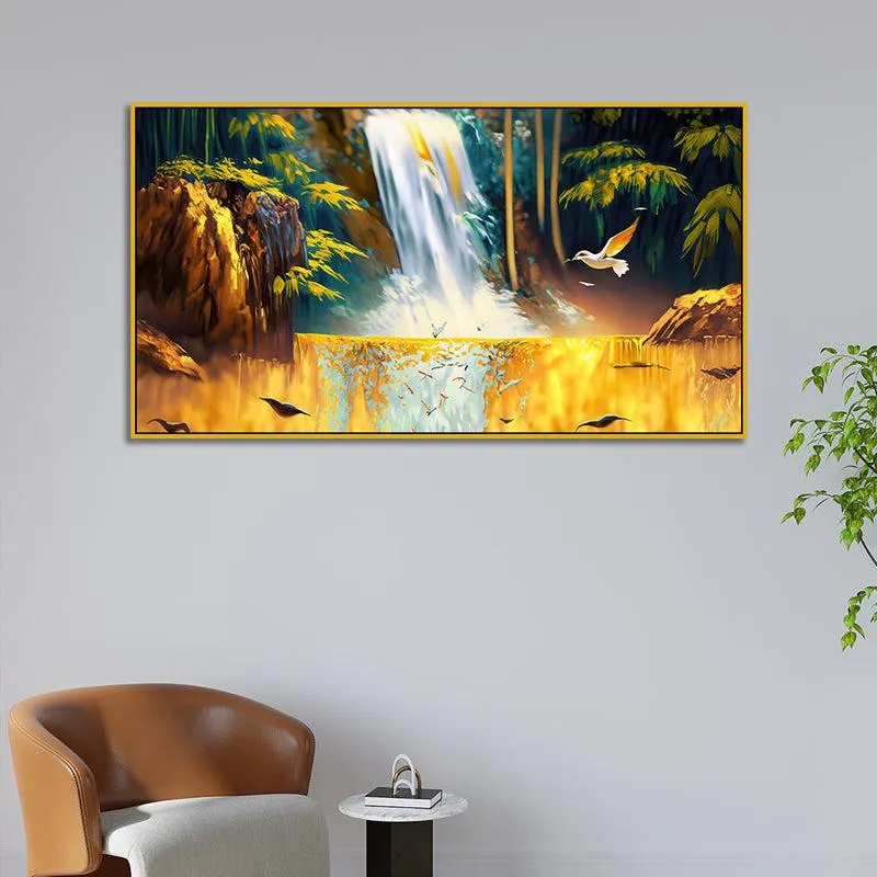 Celetial Golden Waterfalls Landscape Canvas Wall Painting With Frame - Gold media 1