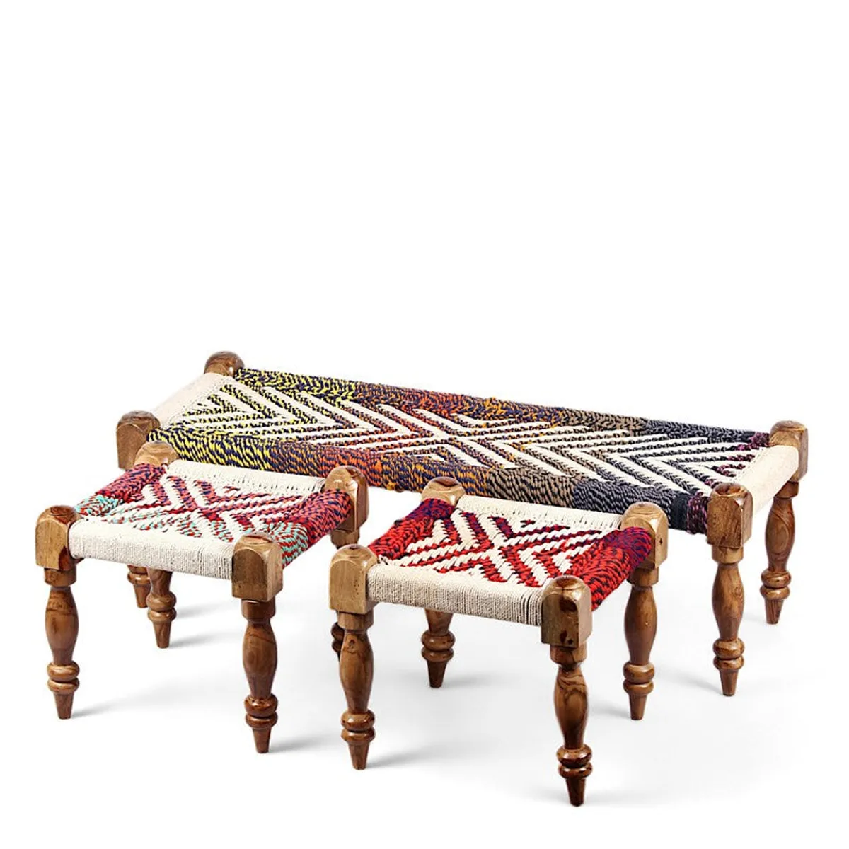 Multicolour wooden bench with two patterned rope stools