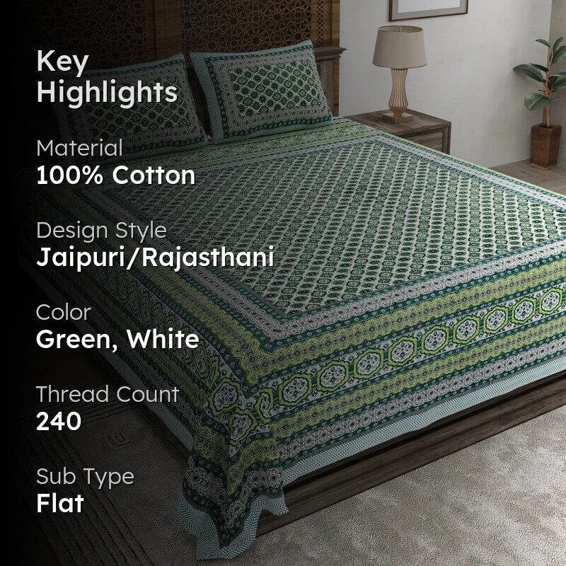 Styleo Cotton Bedsheet (Green,White) - 240 TC media 2