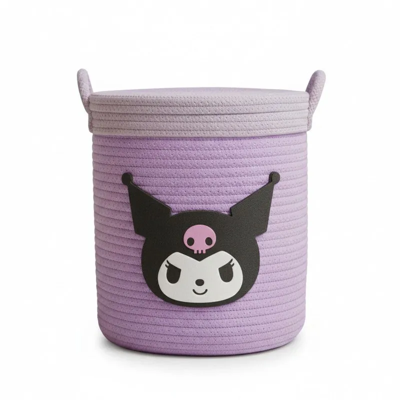 Purple cylindrical storage basket with lid and side handles on a white background