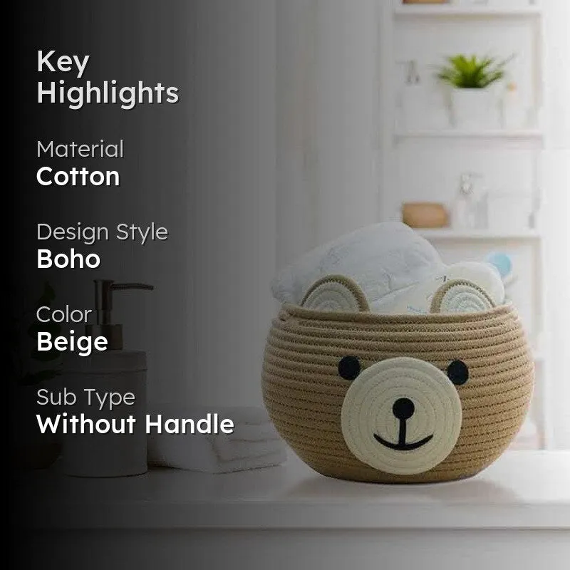 Happy Bear Multipurpose Cotton Storage Basket- Beige media 2