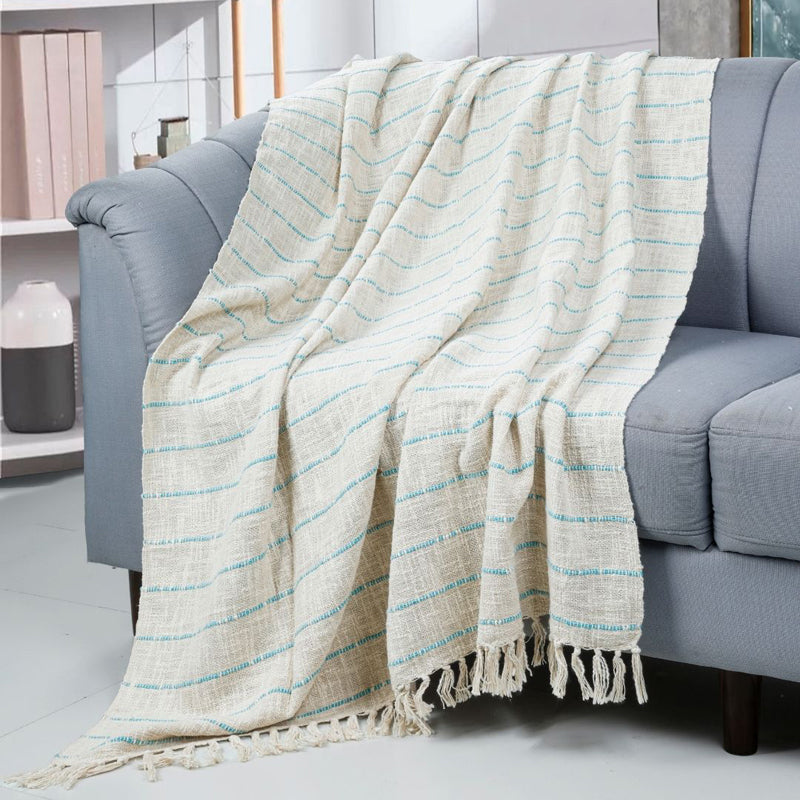 Vanilla Stitch Striped Throw - Off White & Blue