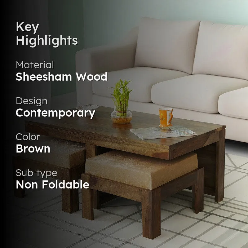 Drexon Sheesham Wooden Center Table with Stools (Brown,Grey) - Five Piece Set media 2