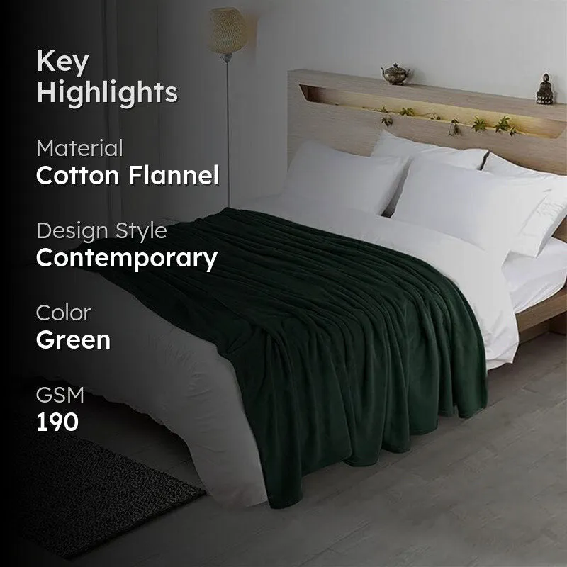 Sarva Solid Knitted Cotton Flannel Blanket (Dark Green) - 190 GSM media 2