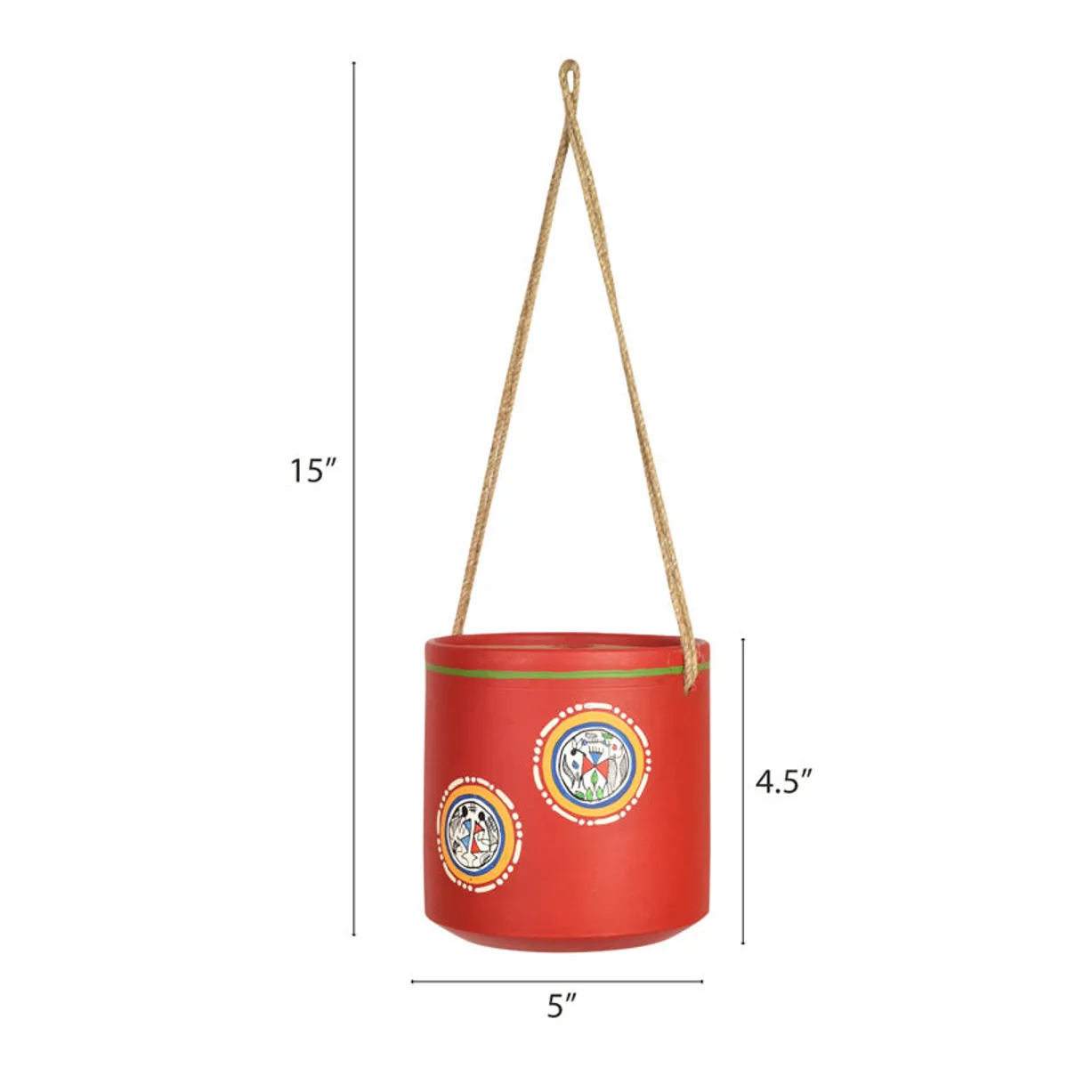 Red hanging planter shown with dimensions and a natural-coloured rope hanger