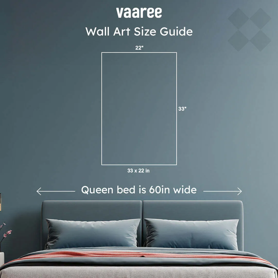 Wall art size guide shown above a bed on a blue wall