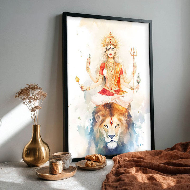 Mahishasura Mardhini Spiritual Archival Paper Wall Painting With Frame - Black media 4