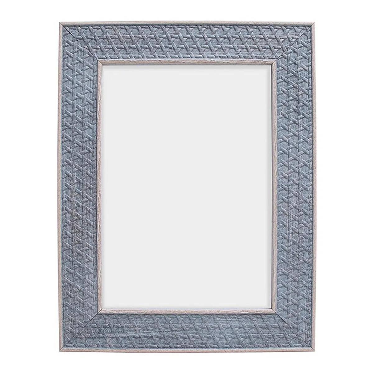 Front view of a blue-grey rectangular photo frame with a textured border.