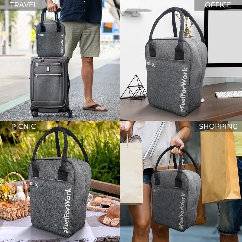 Grey lunch bag shown in travel, office, picnic and shopping settings