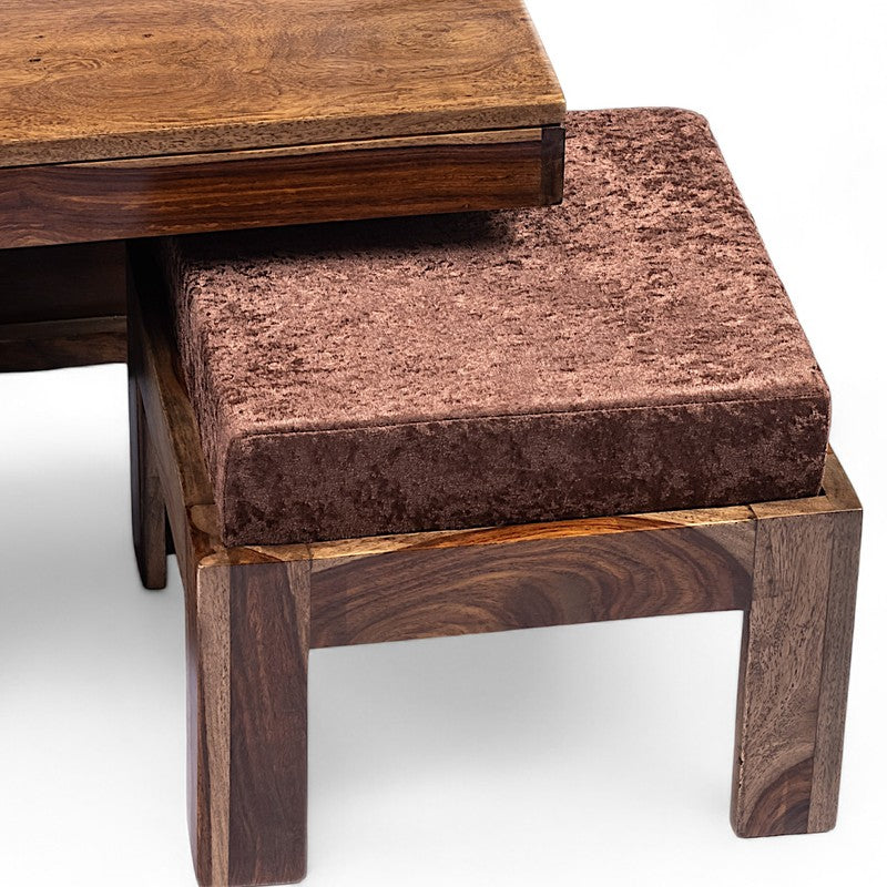 Evrino Sheesham Wooden Center Table with Stools and Cushions (Brown,Beige) - Nine Piece Set media 8