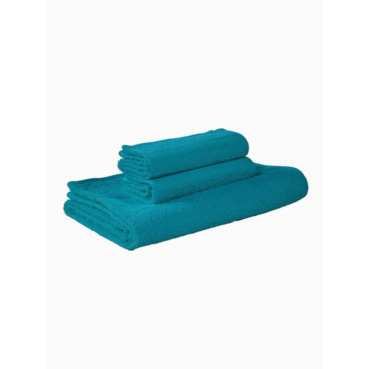 Folded blue towel set on a plain white background
