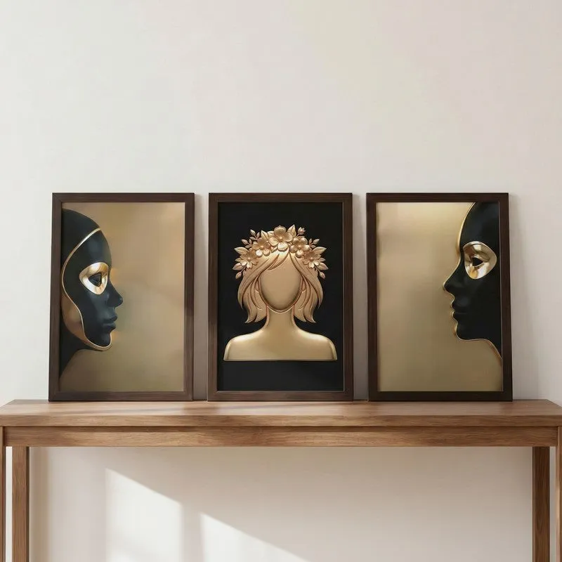 Artistic Feminine Faces Wall Painting With Frame - Set Of Three media 3