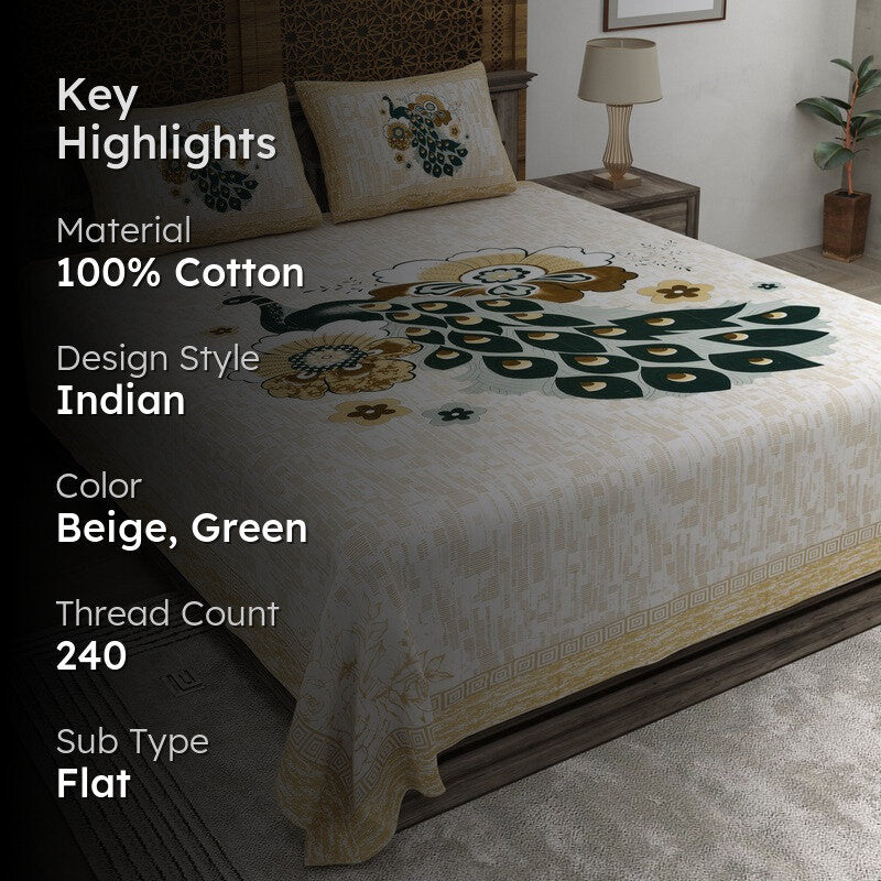 Classicon Cotton Bedsheet (Beige,Green) - 240 TC media 2