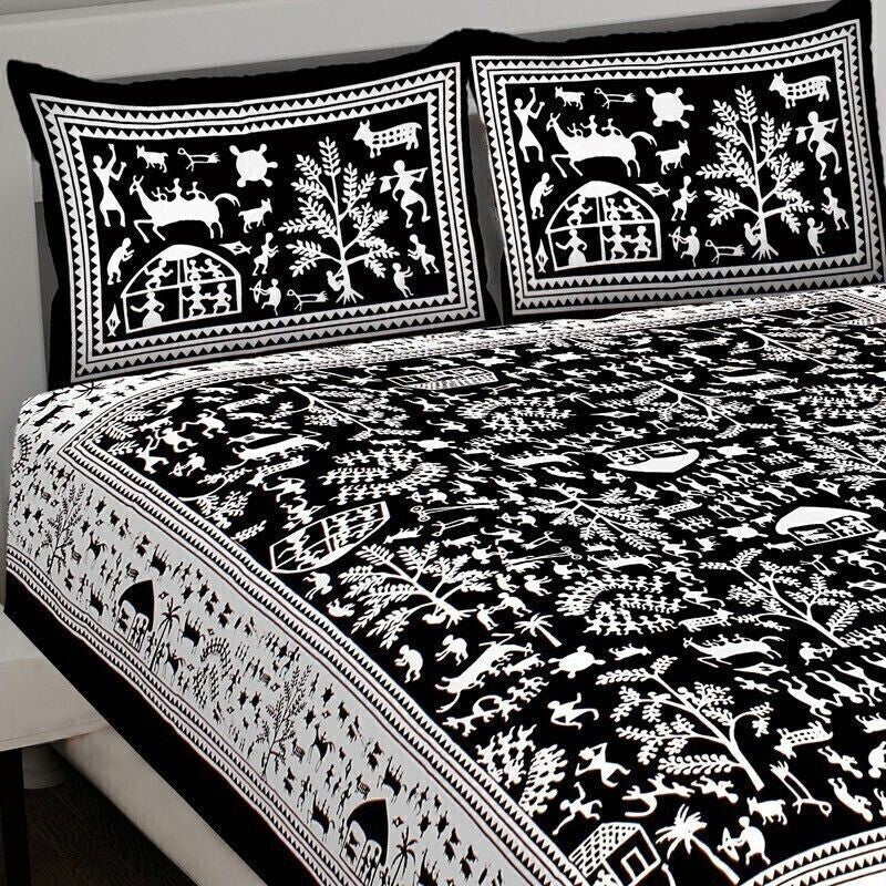Warli Cotton Bedsheet (Black,White) - 240 TC media 5